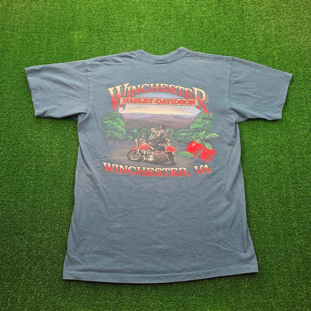 Vintage Harley‎ Davidson Shirt Mens Medium BLue Winchester VA Mountain Scenic